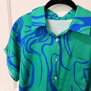 SHEIN Vibrant Green and Blue Swirl Button Down Shirt